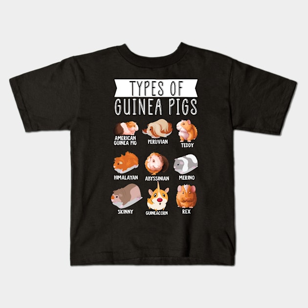 Types Of Guinea Pigs Furry Potato Small Cute Pets Kids T-Shirt by Caskara